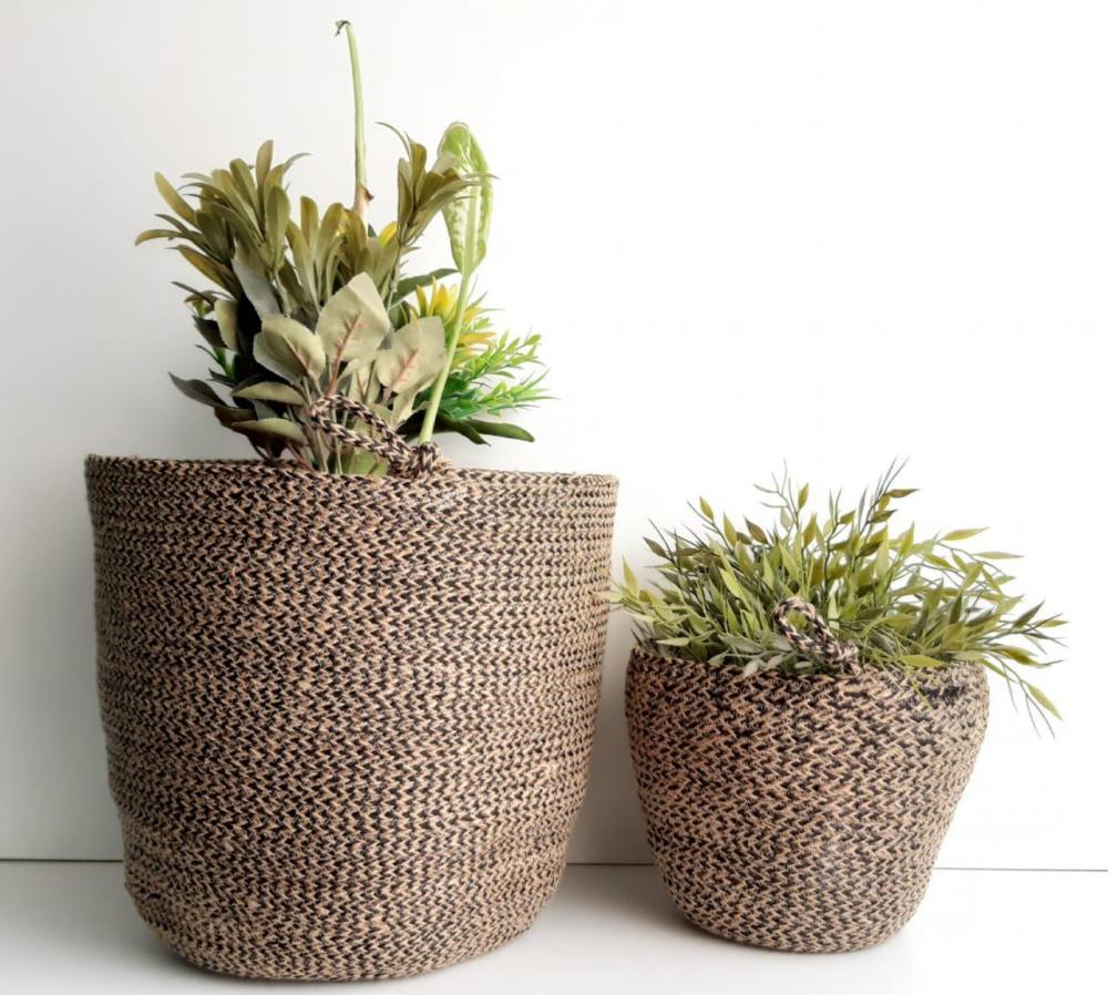 Set of 2 black  Jute Silk Plant Pot Basket