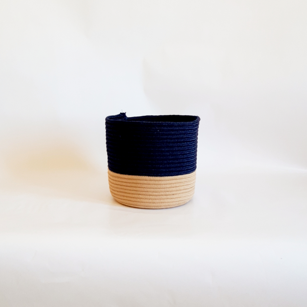 Set of 2 Cylinder Navy Blue Silk Jute Pot Basket
