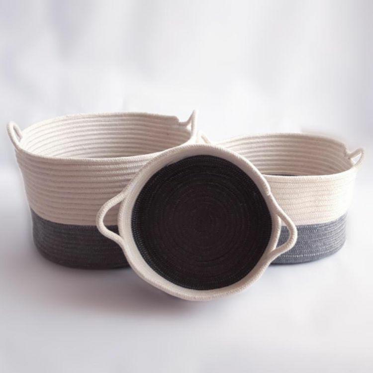 Set of 3 Round Gray X Ivory Cotton Baskets