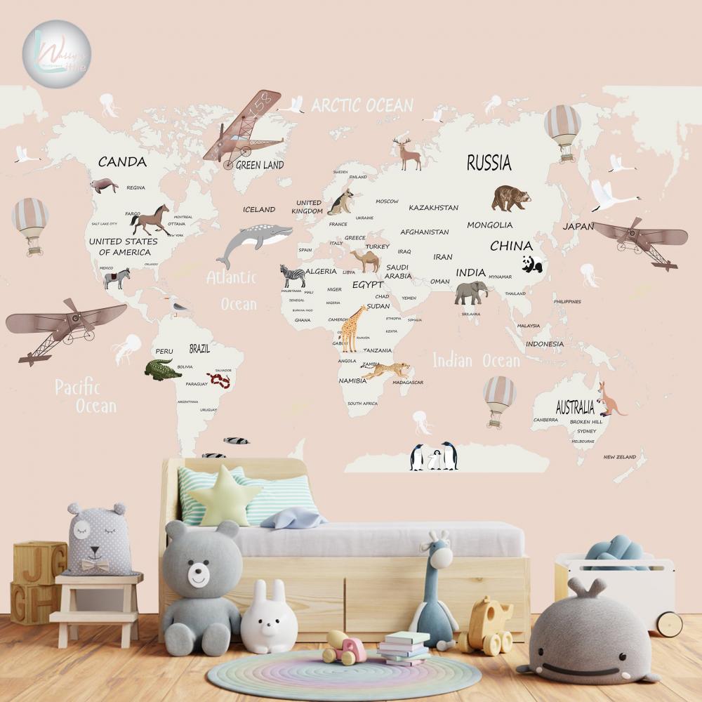 Kids Map with Little Animals (Blush pink)