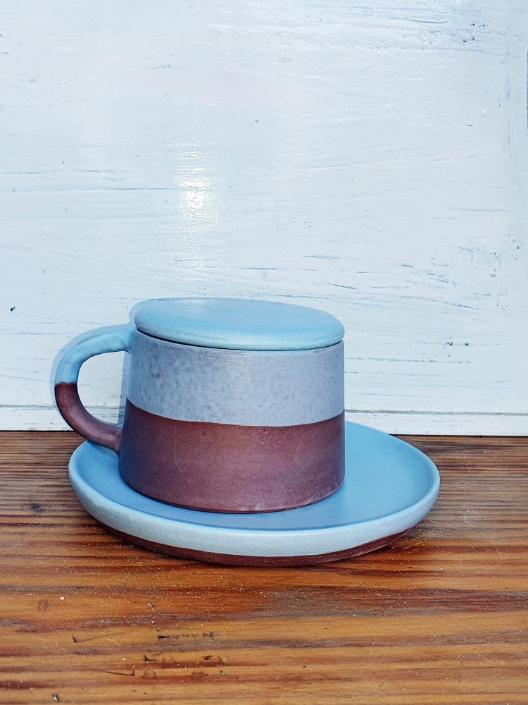 Half Sky-Blue/ Earthy-Beige Mug & Saucer