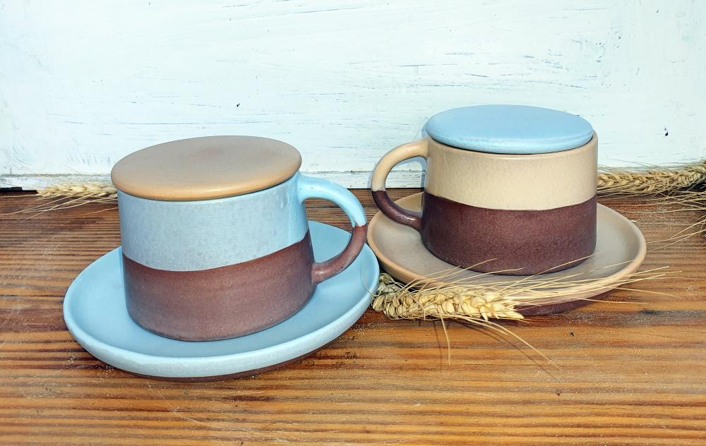 Couple Half Sky Blue/ Earthy-Beige Mug and its saucer