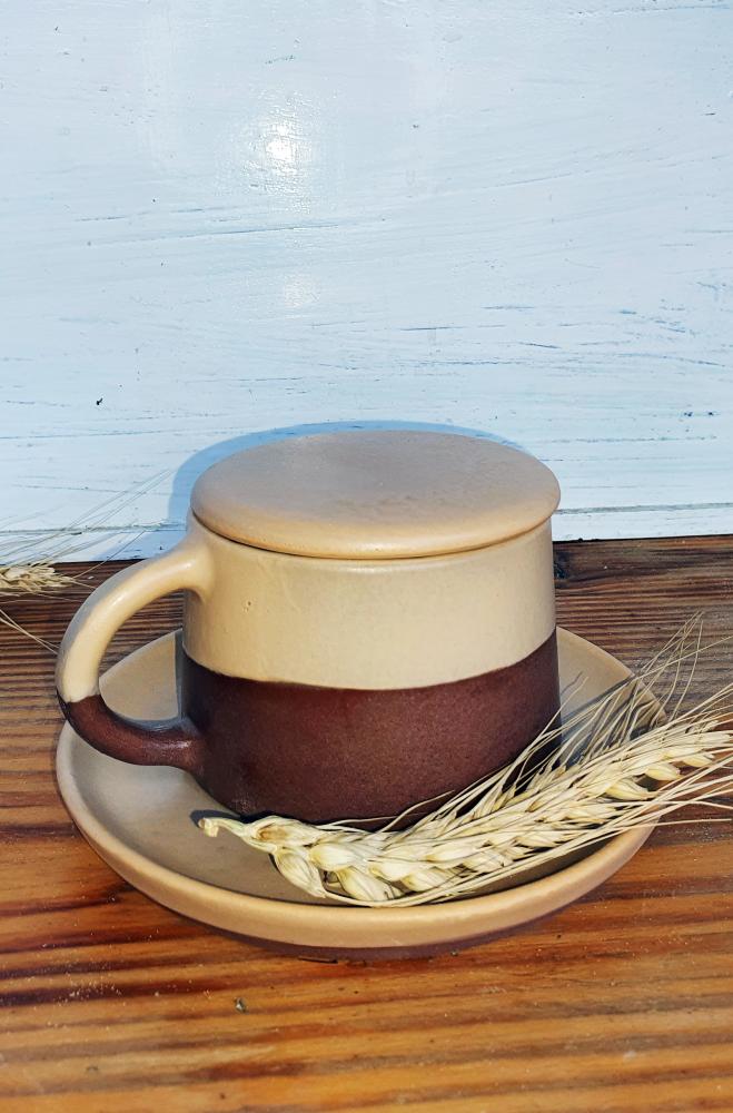 Half Sky-Blue/ Earthy-Beige Mug & Saucer