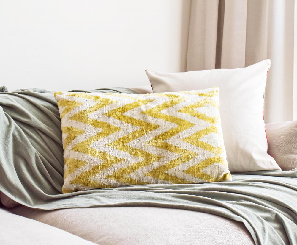 Yellow zigzag velvet Ikat cushion