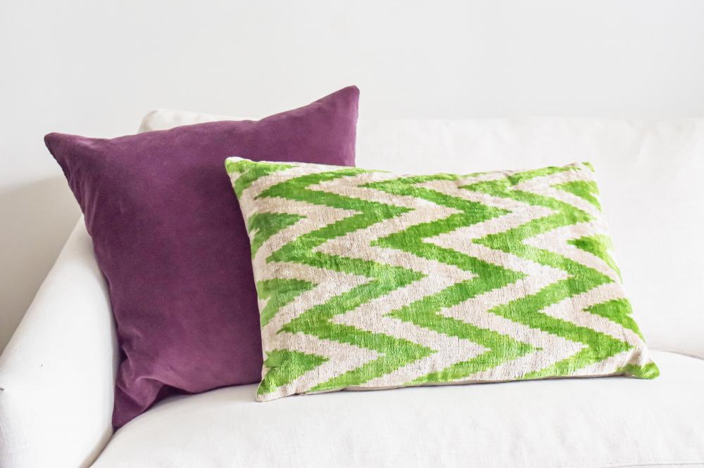 Green zigzag velvet Ikat cushion