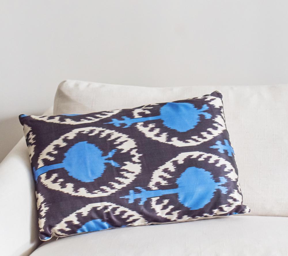 Ethnic blue silk Ikat cushion