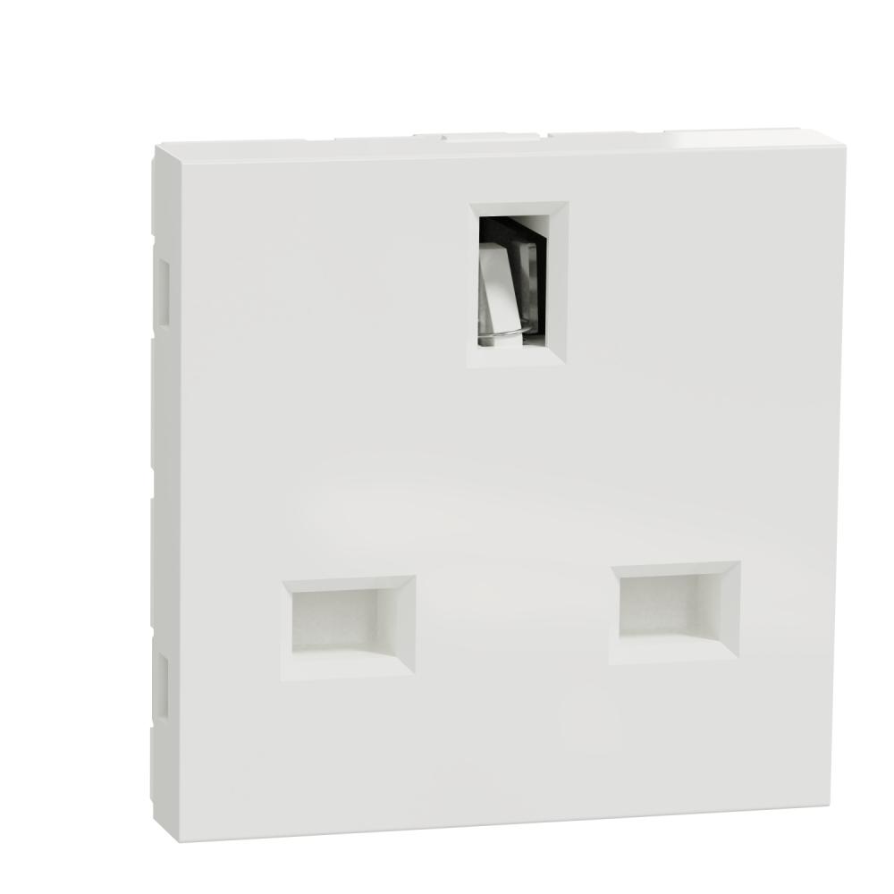 Socket-outlet, New Unica, mechanism, 2P + E, 15A, British, with shutter, glossy, untreated, white