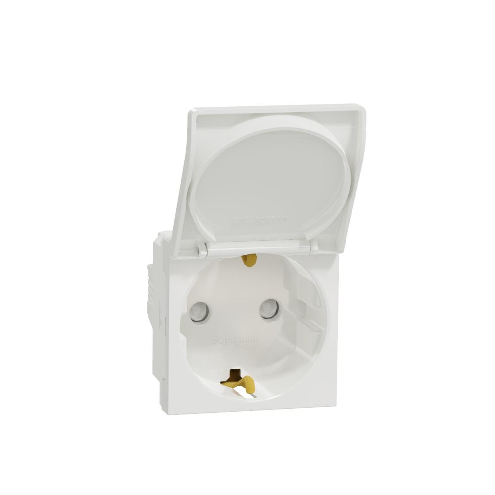 Socket-outlet, New Unica, mechanism, 2P + E, 16A, Schuko, with shutter, glossy, untreated, white